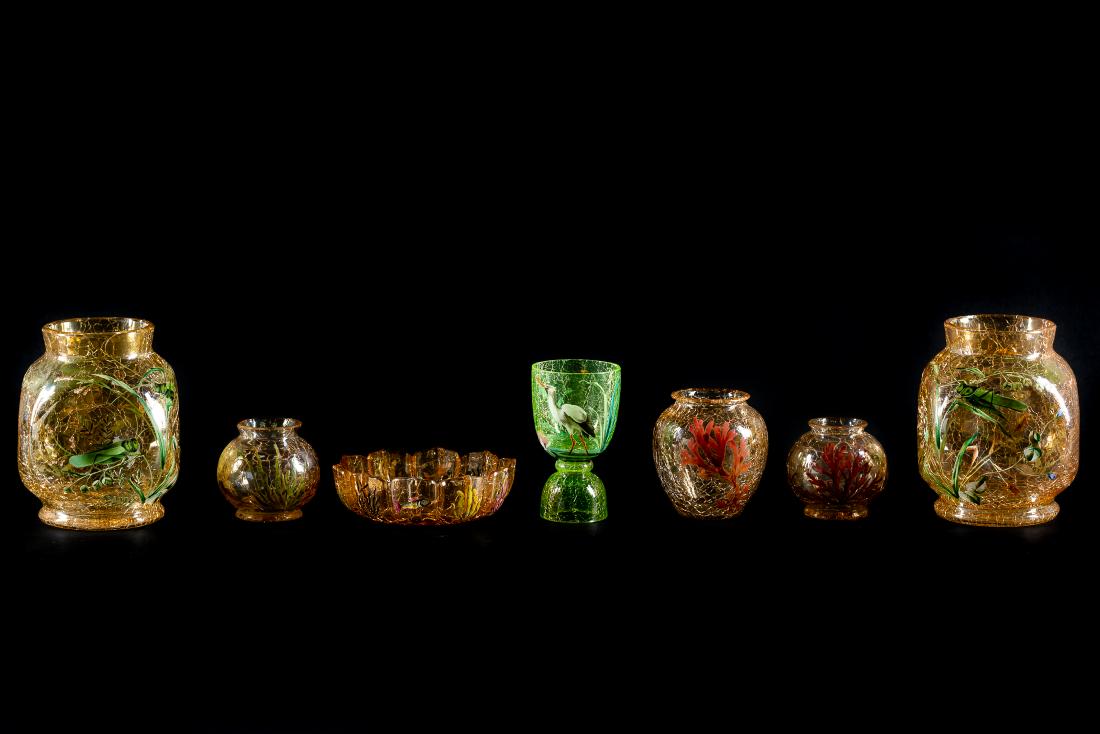 Attr. Moser, 7 Enamel & Crackle Art Glass Pieces (1 of 6)