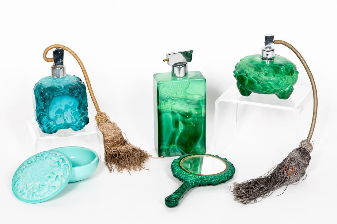 Five Czechoslovakian Dresser Articles, Hoffmann: Heinrich Hoffmann (Czechoslovakian, 1875-1939 ) and Henry Günther Schlevogt (Czechoslovakian, 1904-1984), circa 1930's Collection of five molded opaque glass dresser articles, three Hoffman Schlevogt