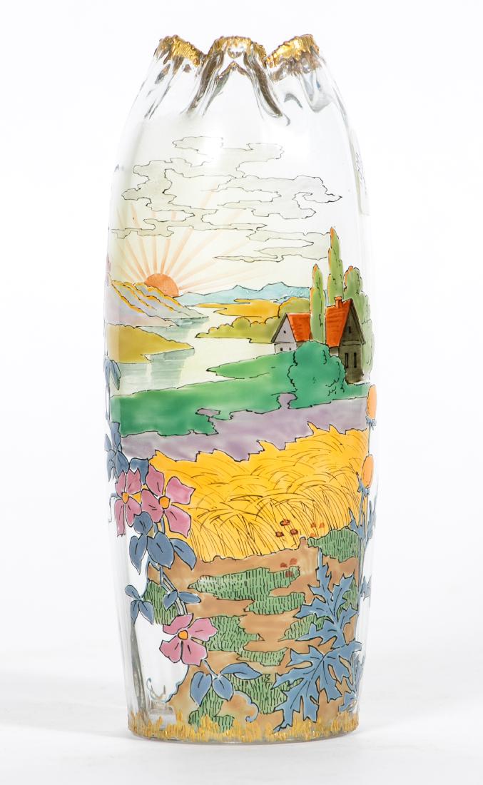 Bohemian Enameled Glass Vase, Landscape Scene: Attributed to Karl Pohl (Czech Republic ,1864-1939) A Bohemian Art Nouveau style enamel landscape vase Marked with a red 5 on underside Approx. h. 8.25" Provenance: From the Lifetime Collection of Dic