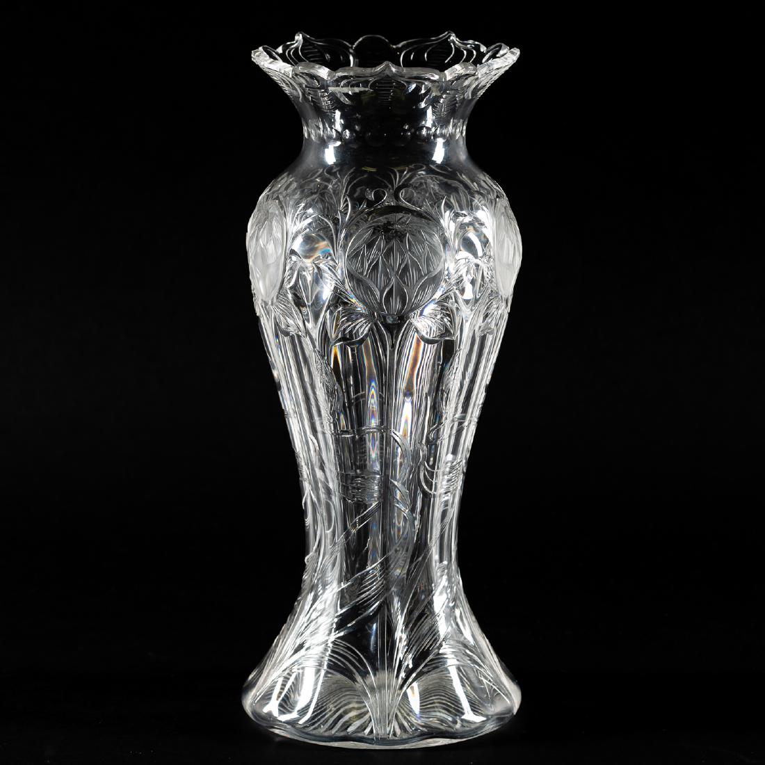 Art Nouveau Cut & Engraved Colorless Glass Vase: Art Nouveau cut and engraved colorless glass vase with blown out floral decoration, in the manner of Thomas Webb. Unmarked. h. 12". Provenance: From the Lifetime Collection of Dick and Betty Hoepfinge