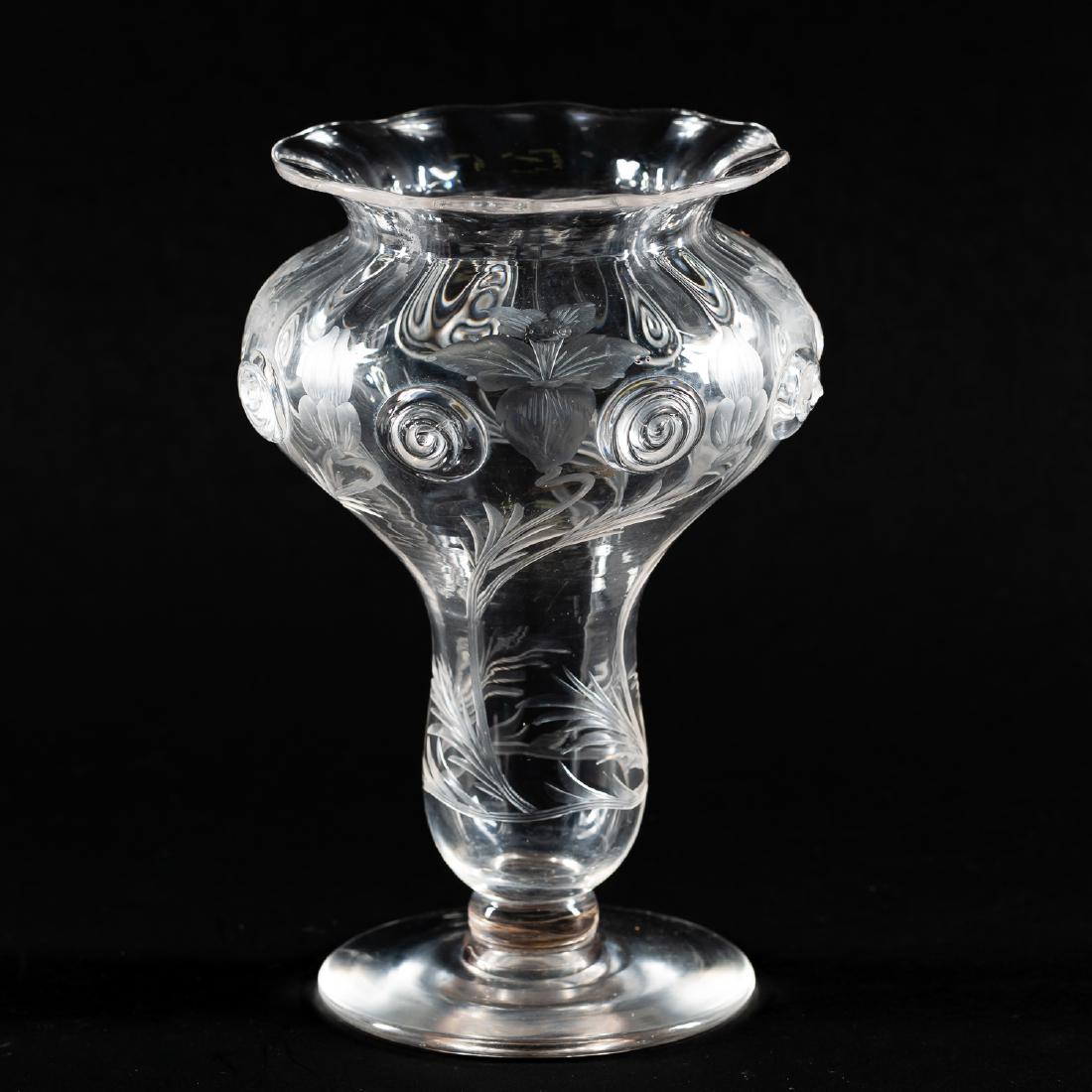 Art Nouveau Engraved Glass Floral Vase: Possibly Webb, organic form with appliques, unmarked 8" h. Provenance: From the Lifetime Collection of Dick and Betty Hoepfinger, of Marietta, Georgia.