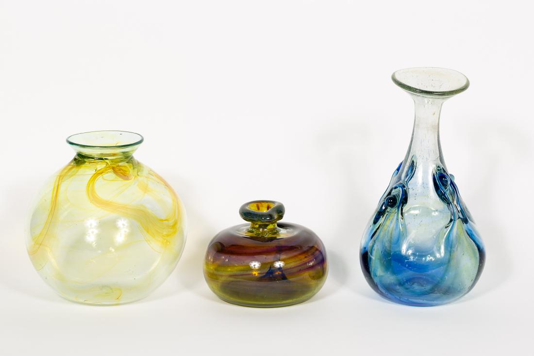 Three Peter Bramhall Blown Glass Vases: Peter Bramhall (American, b. 1942- ), second half 20th century. A group of three vases one with internal structured decoration. Signed and dated on underside. Dates included 6/13/79 (blue), 6/12/77 (y