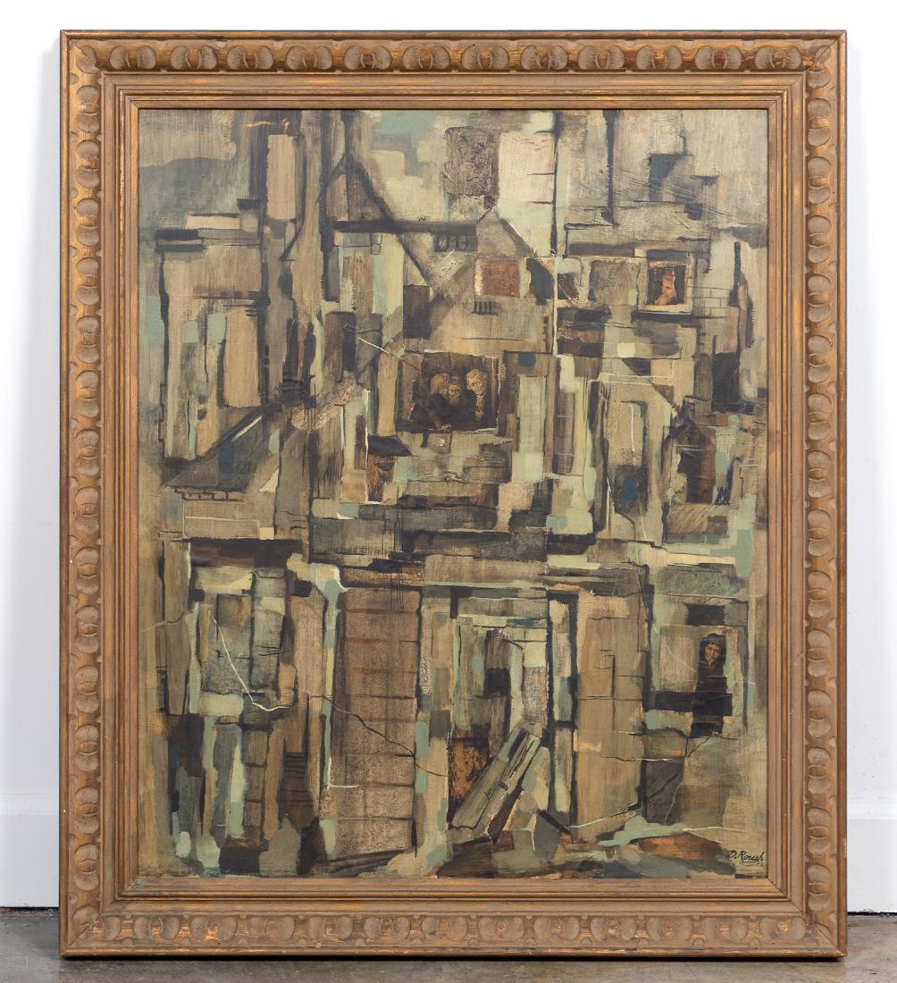 Dorothy Roush Mixed Media, "Gossip": Dorothy Alexander Roush (American (Atlanta, Georgia), 1923-2015) "Gossip" mixed media Cubist inspired work on board. Signed to lower right. Label to verso with artist name and title of work. Approx. 3