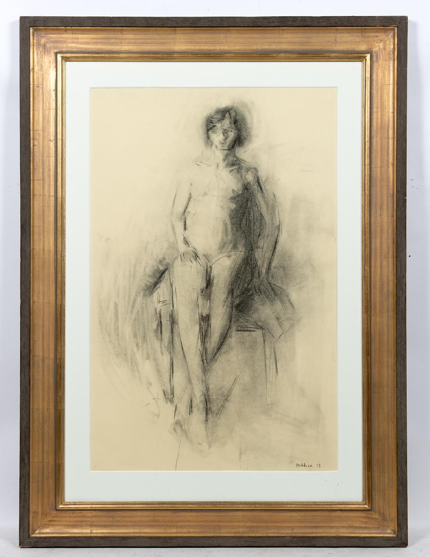 Isabelle Melchior, Large Charcoal Nude, Signed: Isabelle Melchior (French, b. 1950). Charcoal sketch of seated nude figure, 1987. Signed. Inventory label verso for Timothy Tew Gallery. Approx. 37.5" x 24.75" (sight), 51.875" x 37.75" (frame)