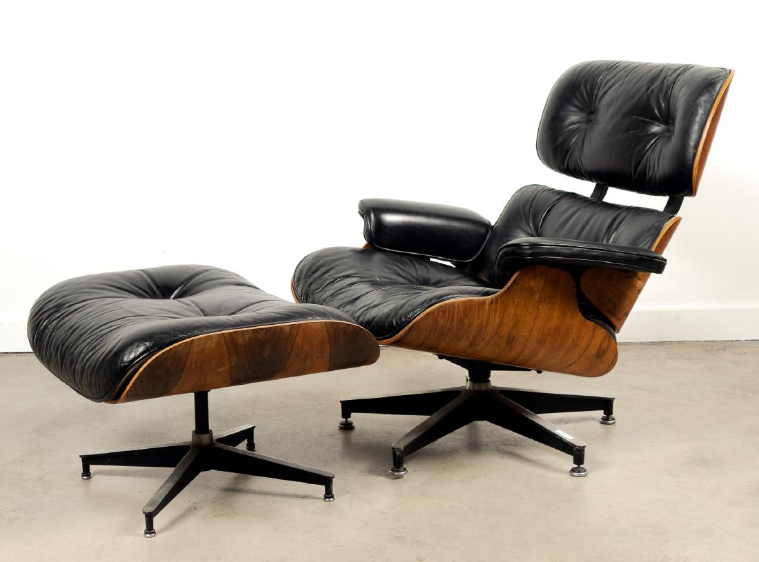 Eames for Herman Miller Lounge Chair & Ottoman: Charles (American, 1907-1978) and Ray Eames (American, 1912–1988) for Herman Miller. A black 670 leather lounge chair and 671 ottoman. Underside of each with "Eames Office" applied plaque and barcod