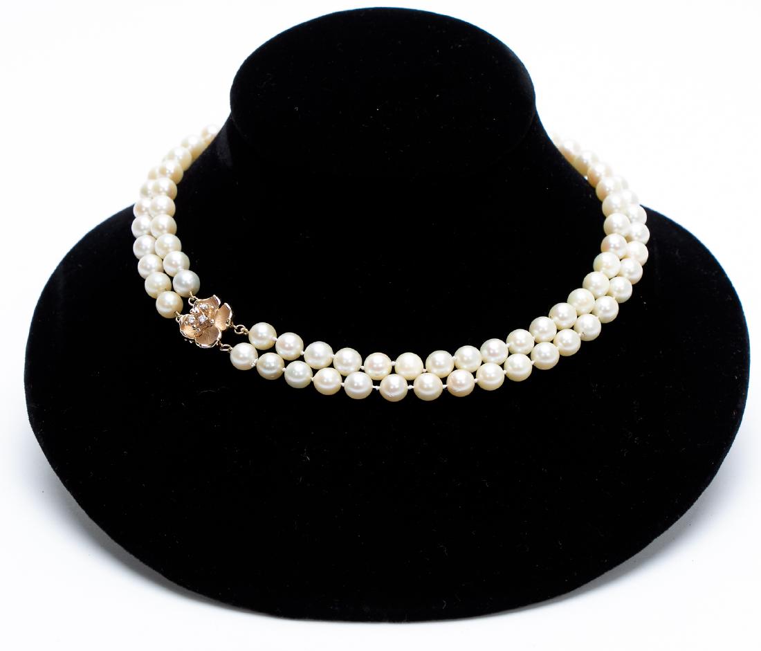 Double Strand Round Pearl Necklace, 14k Gold Clasp