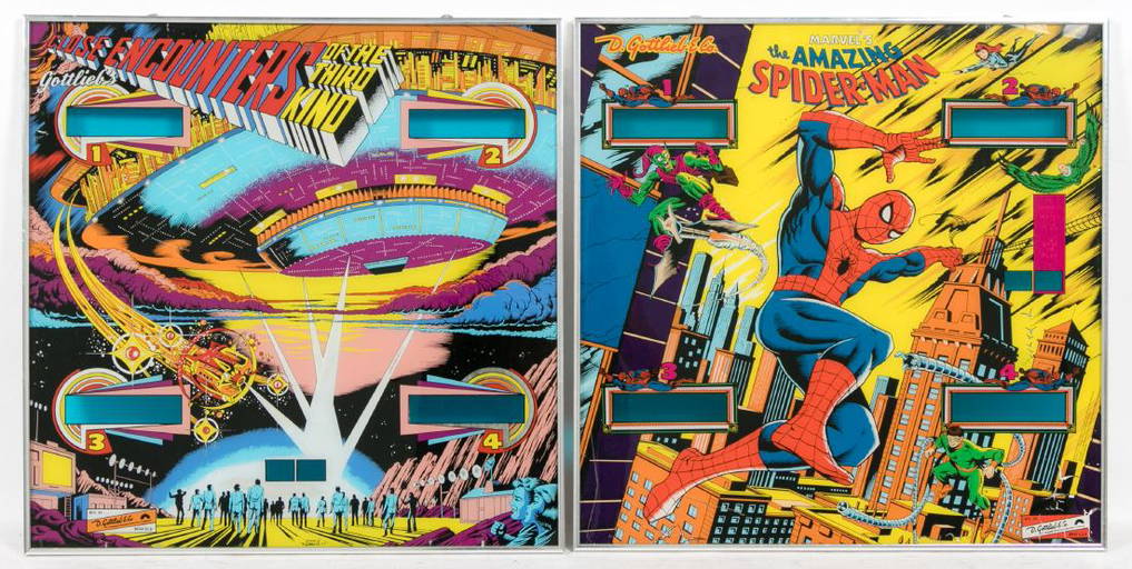 Two Framed Pinball Back Glass Inc. "spider Man"
