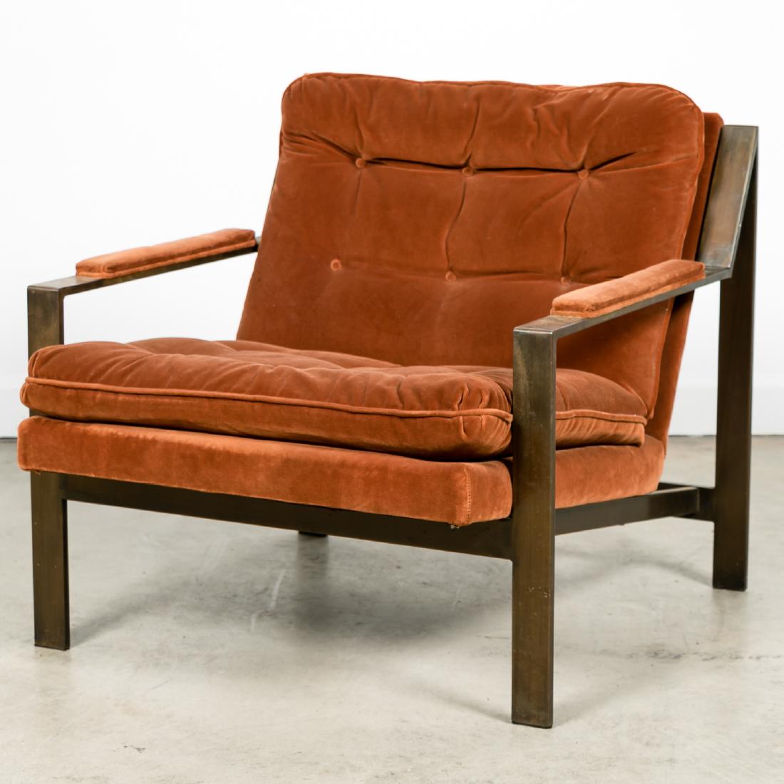Milo Baughman Style MCM Bronze Lounge Chair: Continental, mid 20th century. A Milo Baughman style bronze and reddish brown velvet upholstered lounge chair. Unmarked. Approx. h. 27", w. 29.5", d. 31"