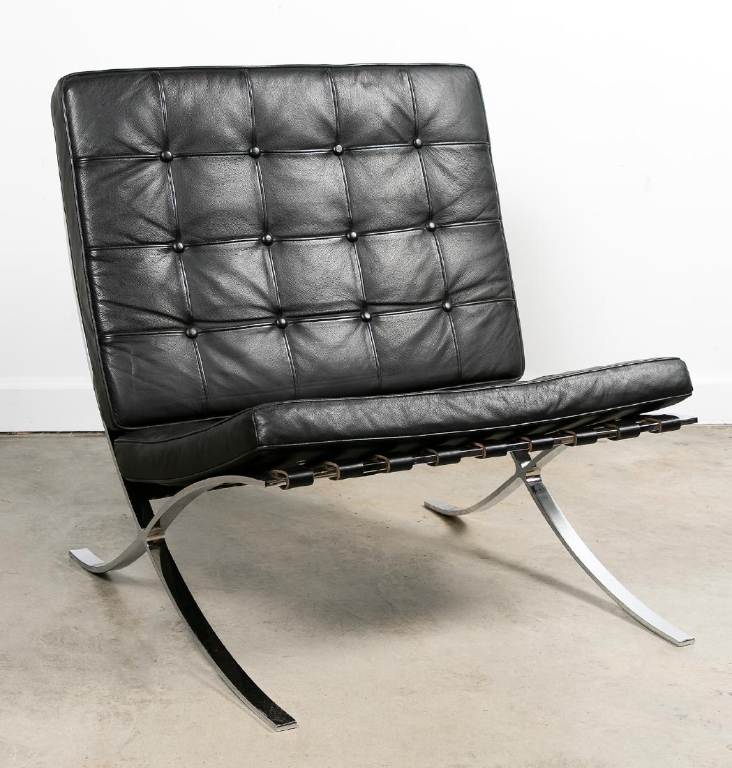 Mies van der Rohe for Knoll "Barcelona" Chair: Ludwig Mies van der Rohe (German, 1886-1969) for Koll. A leather Barcelona lounge chair with tufted black leather upholstery cushions. Unmarked. Approx. h. 29.75", w. 29.25", d. 29.75"