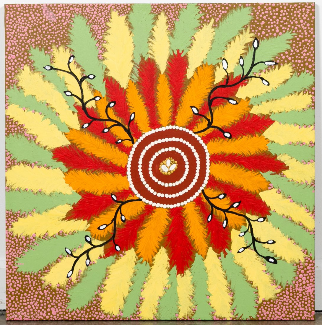 Modernist Australian Aboriginal Acrylic Painting: Una Ratara Napanangka (Australian, 21st century). "Bush Onion Flower", unframed acrylic on canvas, signed verso. Approx. 26.25" x 25.5"