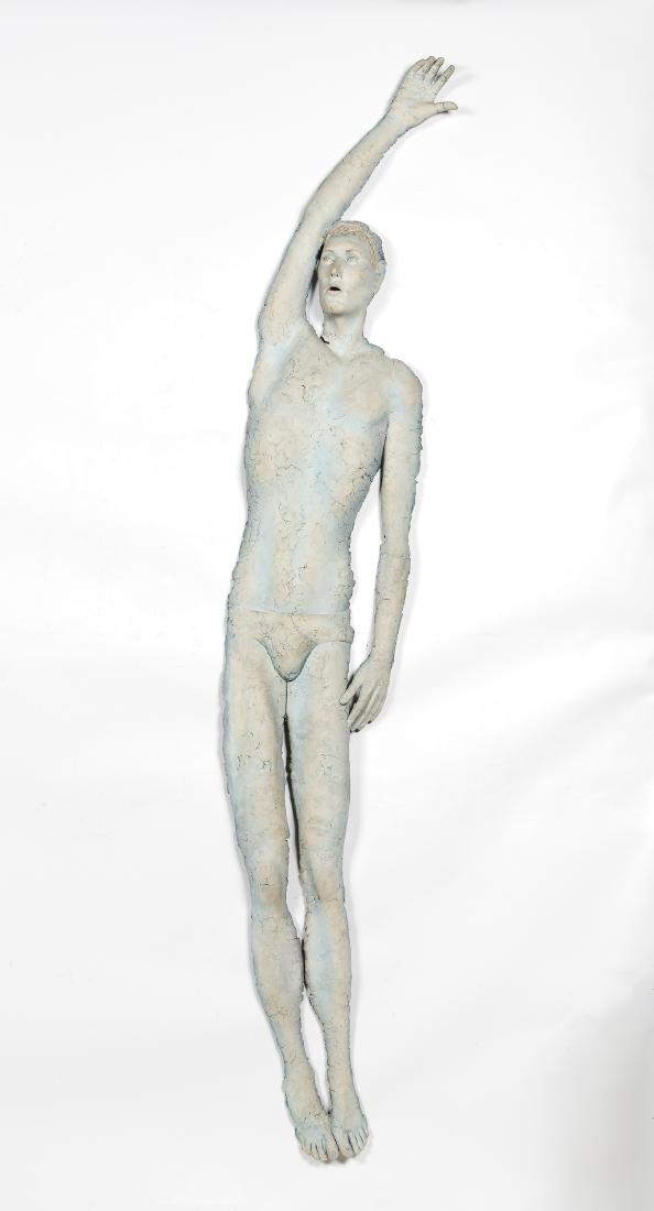 Beverly Mayeri, Plaster Figure of a Swimmer, 80": Beverly Mayeri (American, b. 1944- ). "Backstroke", plaster with acrylic paint, apparently unsigned. Near life sized figure of a male swimmer. Accompanied with note from the artist. Approx. h. 80", w.