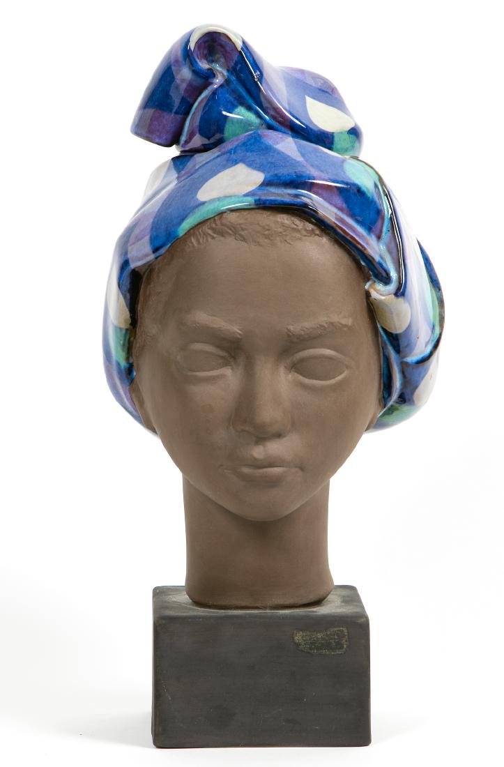 Johannes Hedegaard Bust with Glazed Head Wrap: Johannes Hedegaard (Danish, b. 1915) for Aluminia / Royal Copenhagen, c. 1960's. A ceramic female bust with glazed head wrap. Marked on underside. Royal Copenhagen. 650/3139. Approx. h. 16".