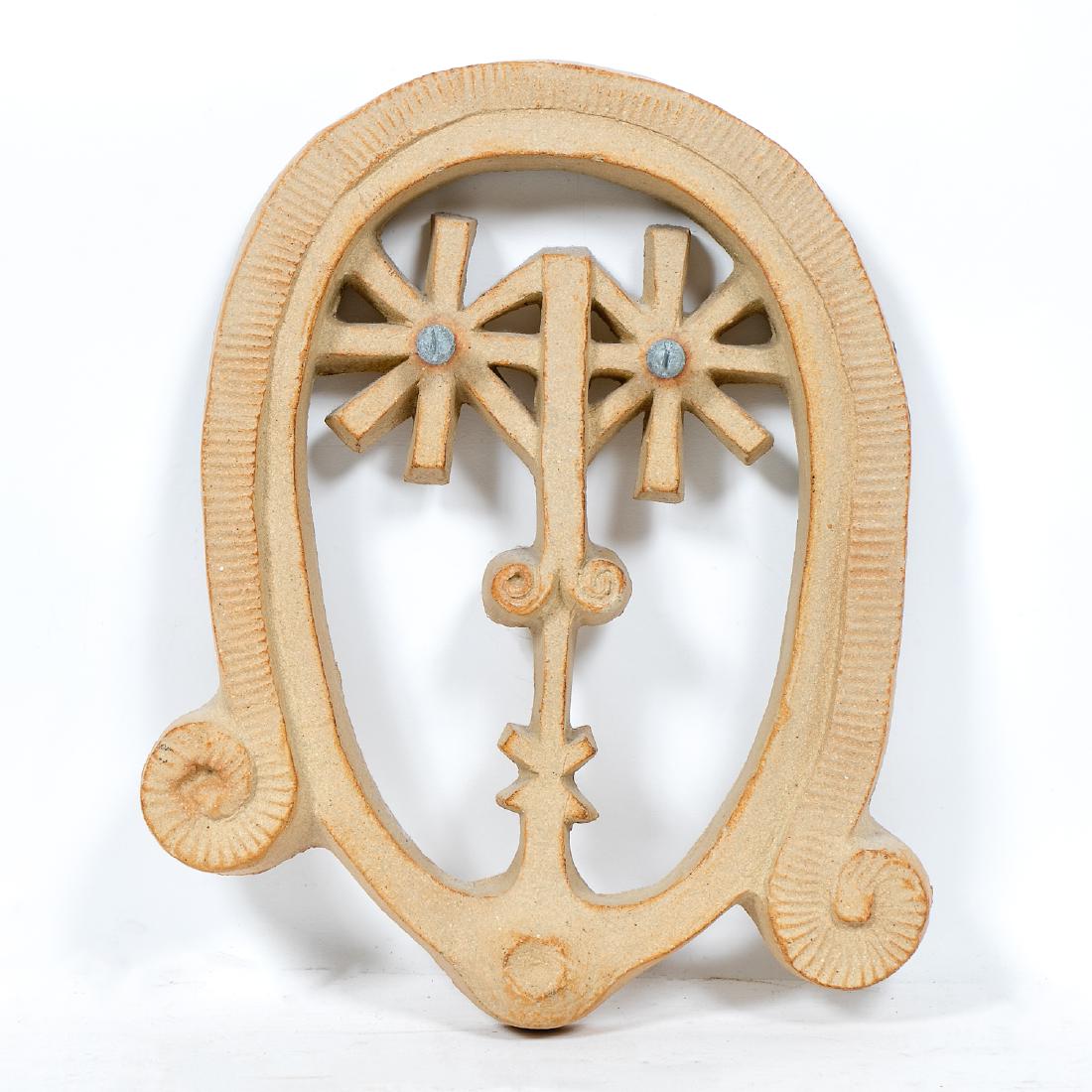 David Gil for Bennington Potters Female Face: David Gil (American, 1922-2002) for Bennington Potters (American (Vermont), founded 1948). "Untitled" ceramic sculpture woman's face, asterisk and metal screws eyes. Marked to bottom with "Bennington