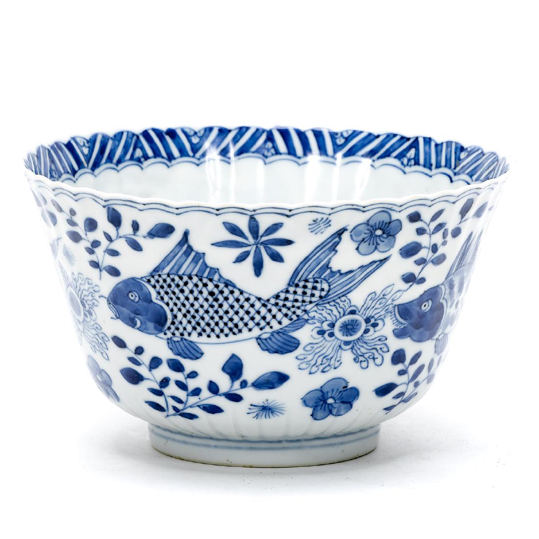 Chinese Blue & White Porcelain Bowl, Fish Motif (1 of 3)