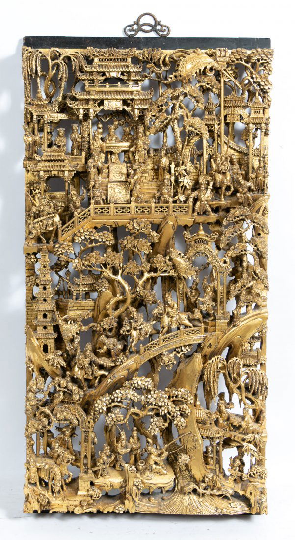 Fine 19th C Chinese Pierced Giltwood Panel, Signed (1 of 8)