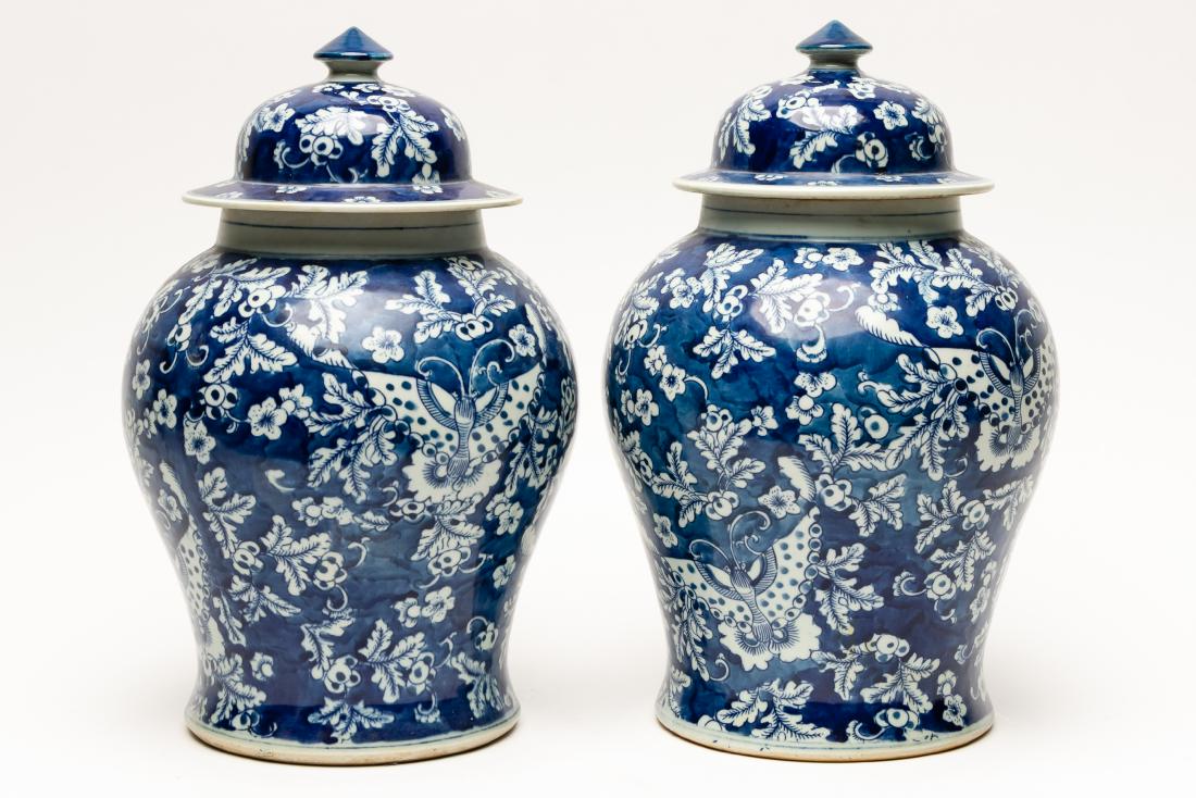 Pair of Chinese Blue & White Lidded Temple Jars (1 of 4)