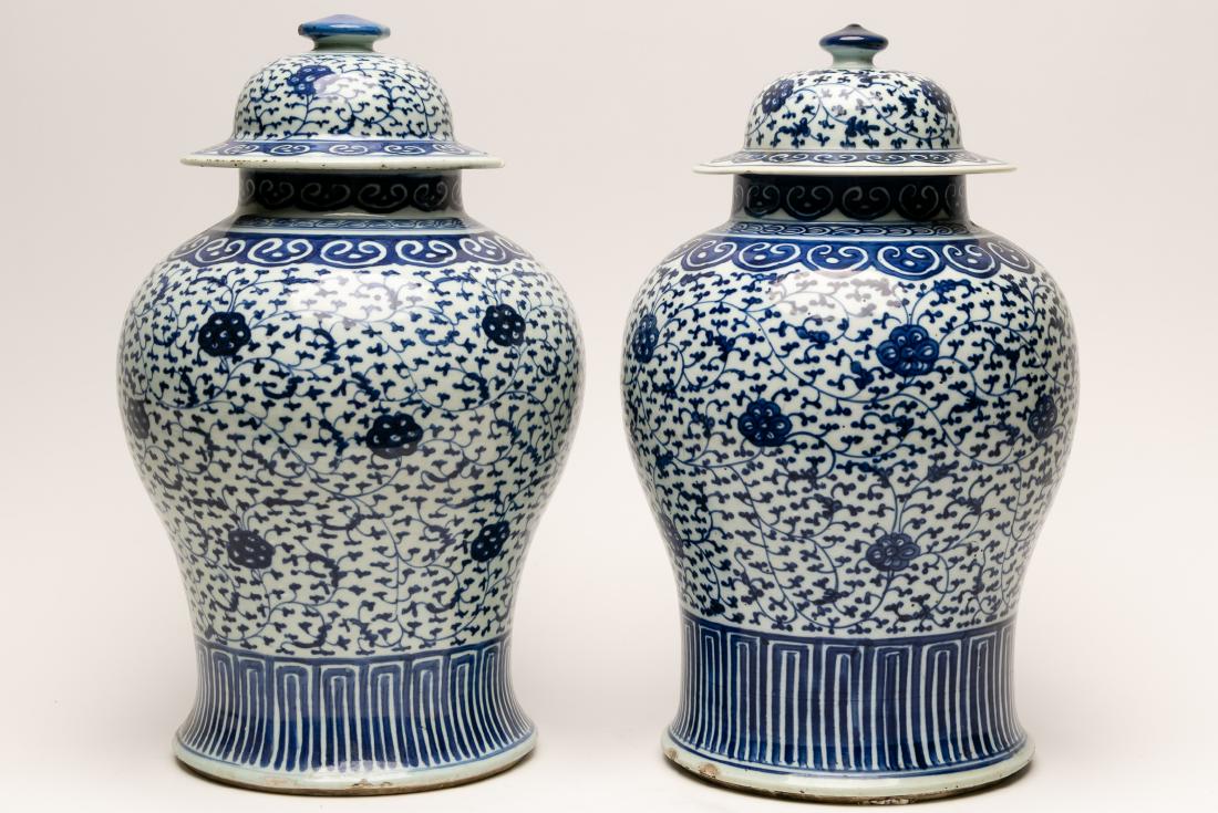 Pair of Chinese Blue & White Lidded Temple Jars (1 of 4)