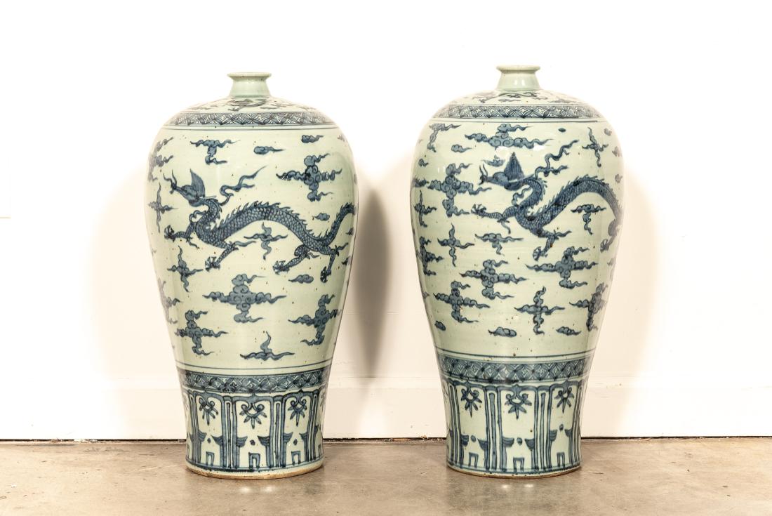 Pair of Chinese Large Blue & White Dragon Vases (1 of 4)