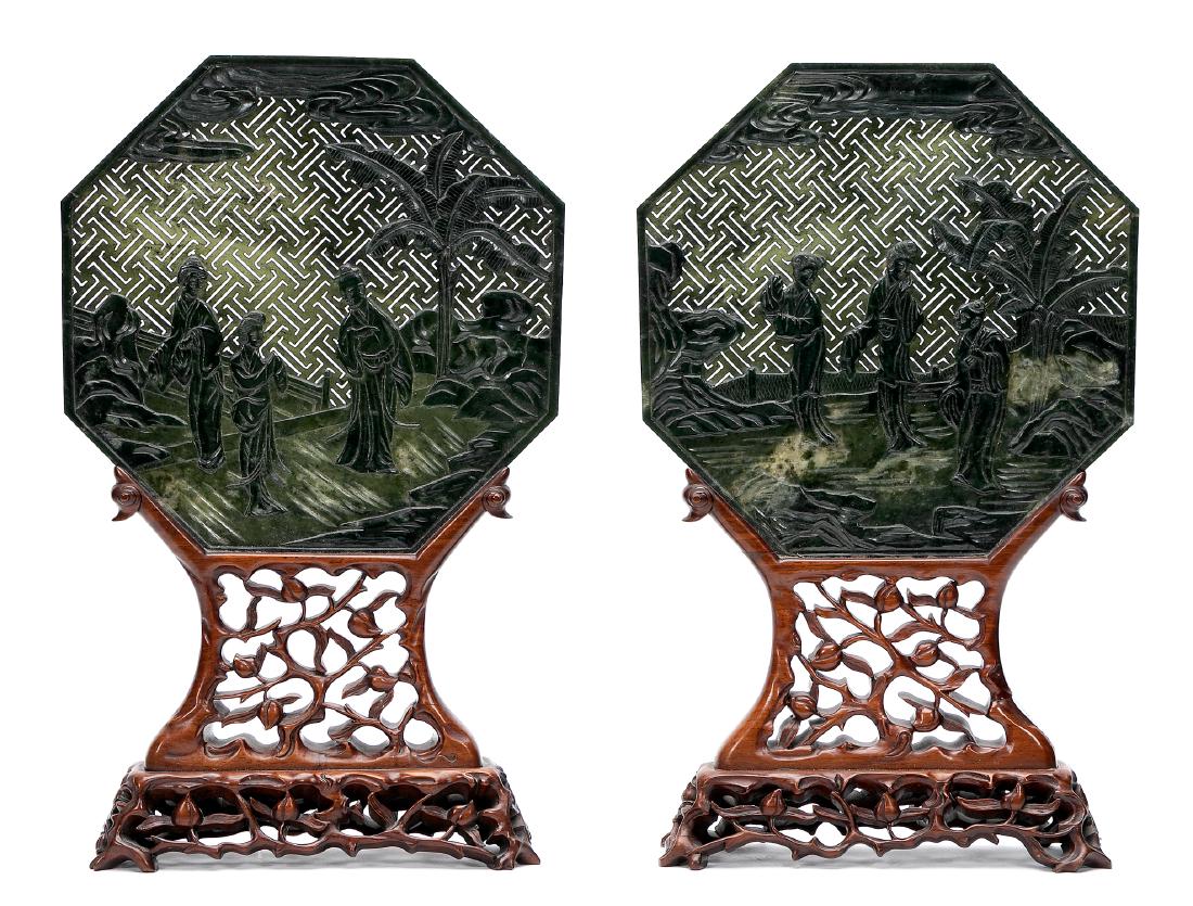 Pair, Chinese Green Jade Panel Table Screens (1 of 4)