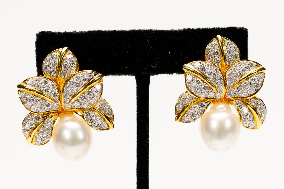 Pair, 18K Gold Earrings w/ Pearls & Diamonds (1 of 4)