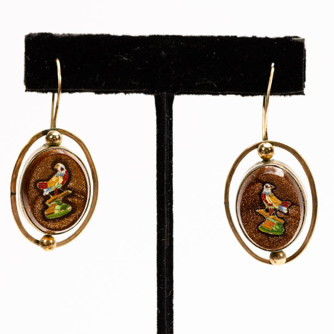 Pair, Gold Stone and Micro Mosaic Earrings (1 of 4)