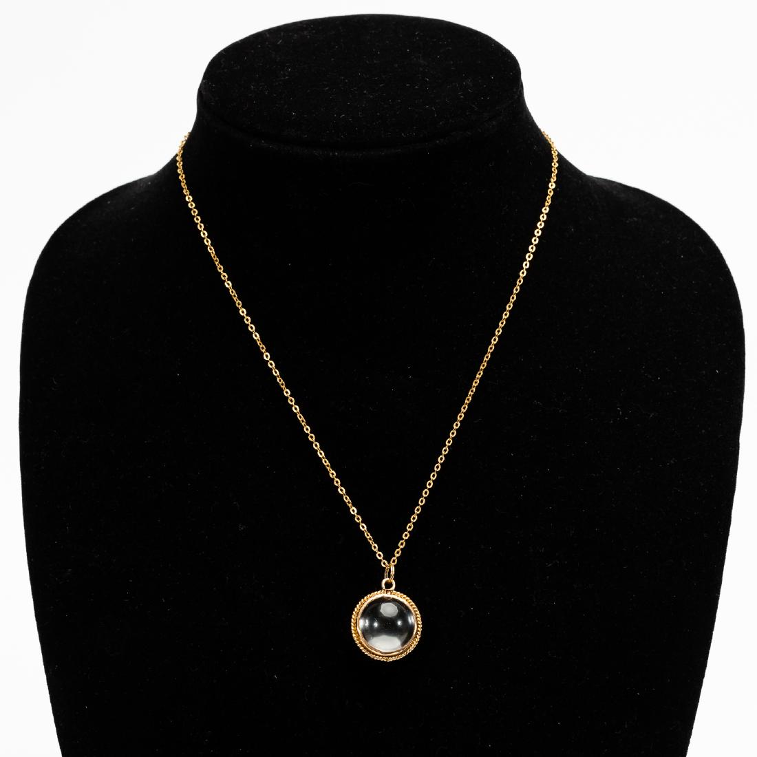 14k Gold & Crystal Locket Necklace: Antique crystal ball locket in 14 K gold frame, on 14K gold chain. Chain marked "585", locket tested for 14K. Chain length approx. 18"
