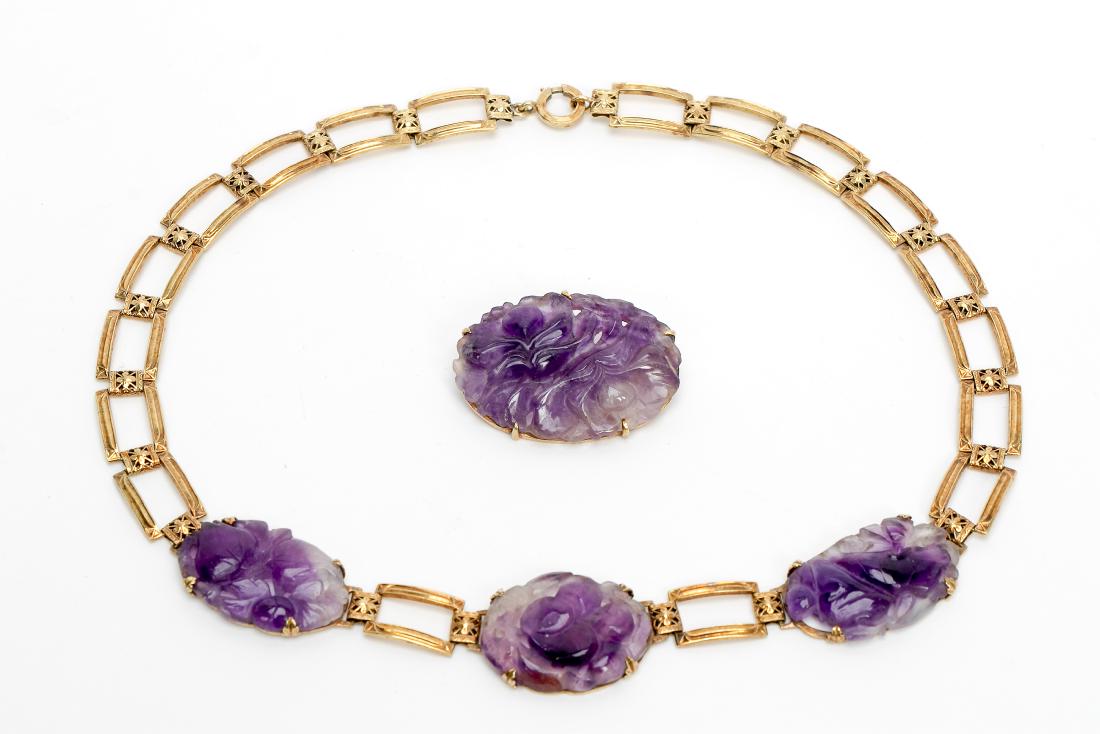 Floral Carved Amethyst Necklace & Pin, 14k Gold (1 of 3)