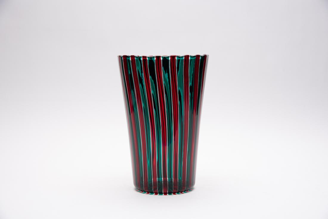 Gio Ponti for Venini Green & Red A Canne Vase, 11" (1 of 6)