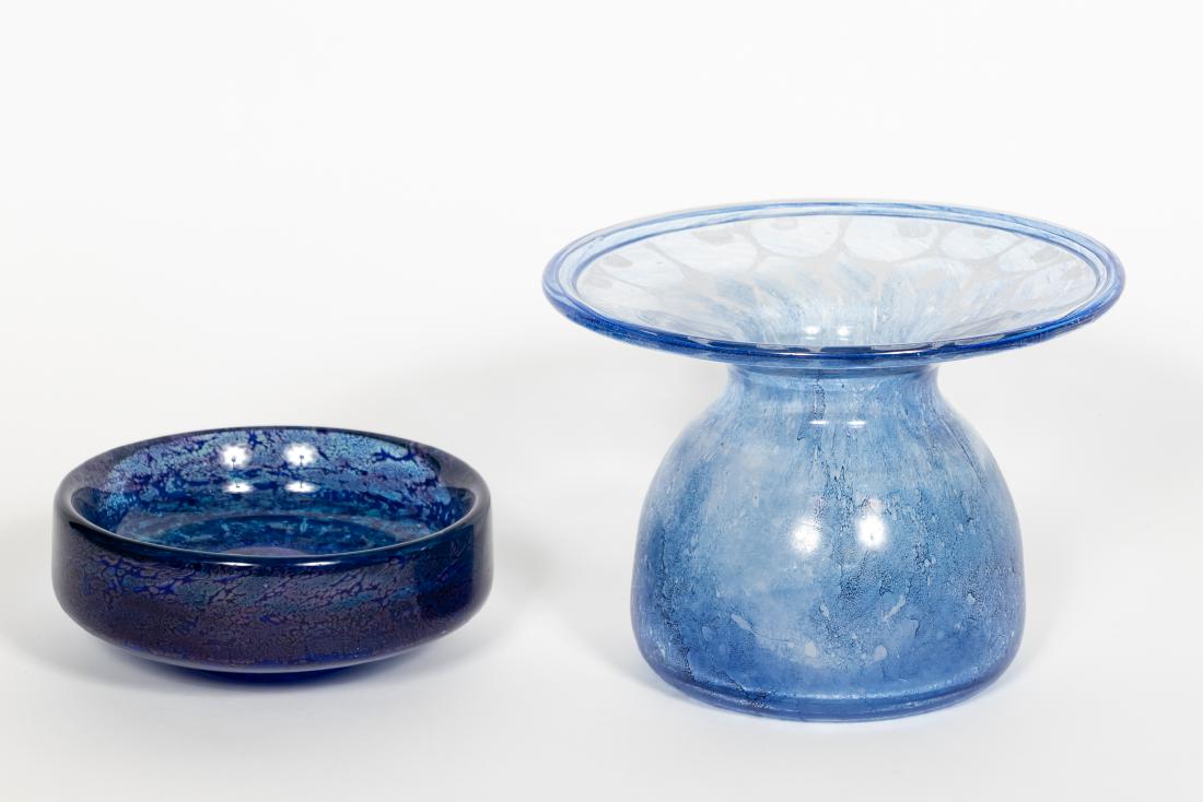 Warff for Kosta Boda Art Glass Vase & Bowl: Goran Warff (Swedish, b. 1933 - ) for Kosta Boda (Swedish, founded 1898). Thick heavy walled blue/lavender art glass bowl along with a large etched glass blue vase having a flared lip. Vase signed on