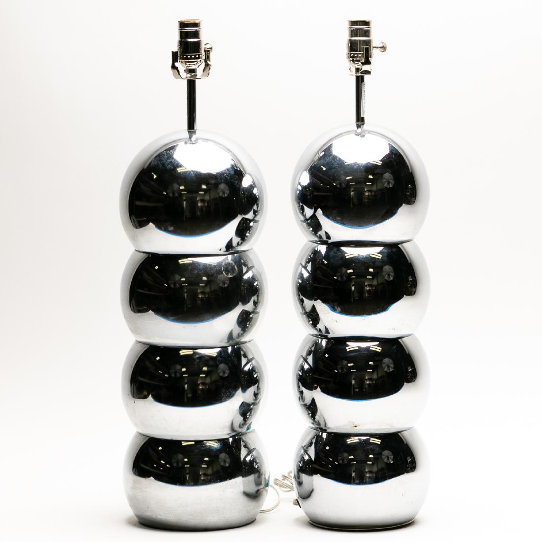 Pair, Kovacs Stacked Chrome Ball Table Lamps: Attributed to George Kovacs (German, 1926-2007) for Sonneman, mid 20th century. A pair of stacked chrome ball table lamps. Unmarked. Approx. height 25.5"