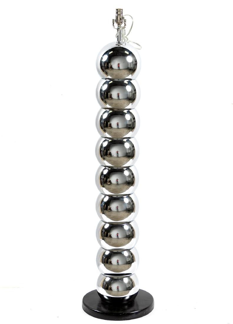 George Kovacs Stacked Chrome Ball Floor Lamp: Attributed to George Kovacs (German, 1926-2007) for Sonneman, mid 20th century. A stacked chrome ball floor lamp on round black wooden base. Unmarked. Approx. height (including base) 47"