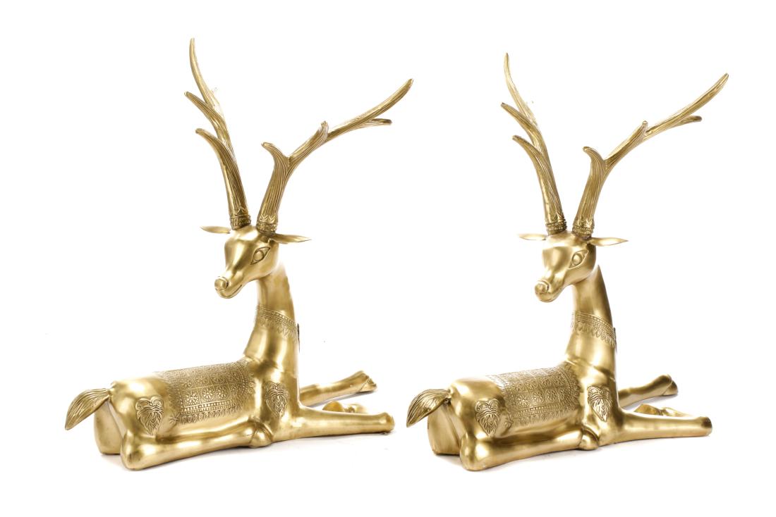 Pair, Large Sarreid Brass Seated Deer Sculptures (1 of 1)