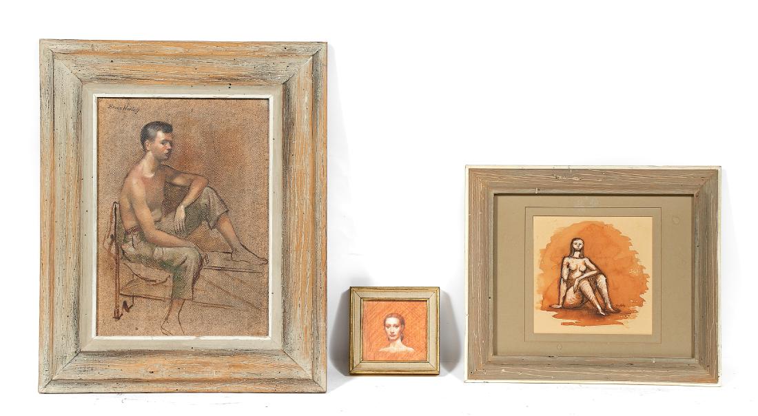 Three Framed Bruce Hafley Figural Paintings: Bruce Hafley (American, 1920-2011). Three works on canvas: One miniature bust of a woman, one abstracted full length female seated nude, and one portrait of a seated young man without shirt. Each sign