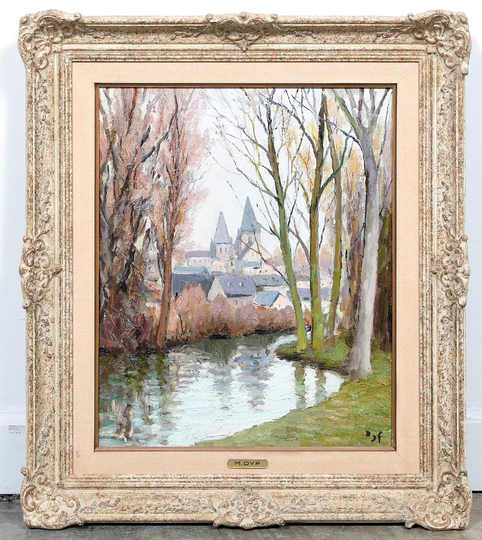 Marcel Dyf, L'Eglise de Loches - 1978, Oil: Marcel Dyf (French, 1899-1985). "L'Eglise de Loches (Church of Loches)" - 1978, oil on canvas, signed lower right, inscribed to verso with title, date, and inscription to original owner. Approx. 24.5"