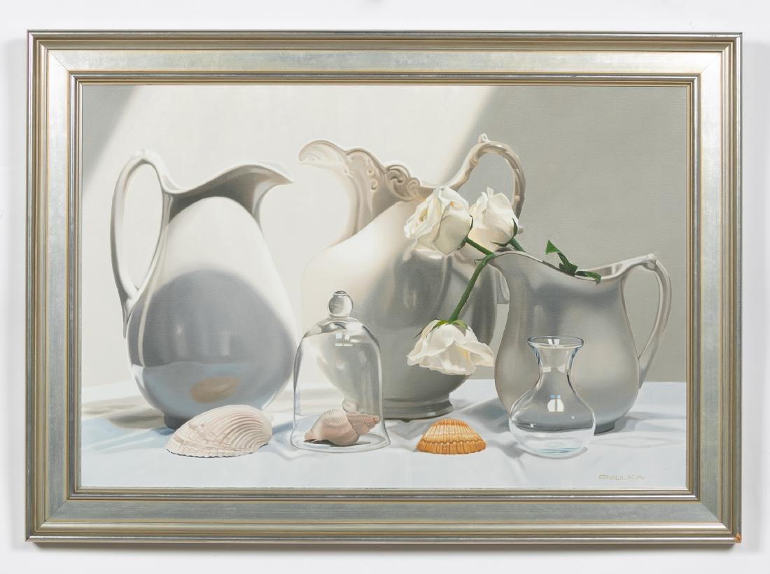 Steve Smulka, Oil on Canvas Still Life: Steve Smulka (XX-XIX) ,"Winter Solstice," 2003. Oil on Canvas, photo-realist still life depicting white ceramic pitchers, sea shells and white roses. Signed lower right and verso. 24" x 36" W (canvas)