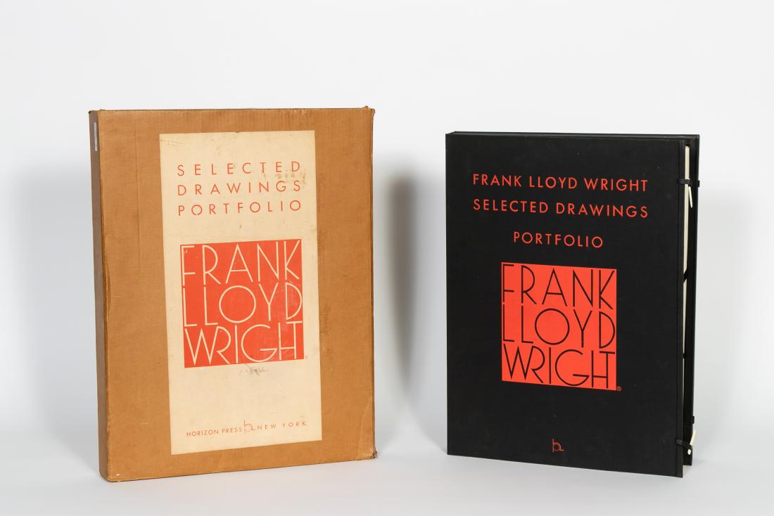 F. L. Wright Selected Drawings Portfolio #1, 1977: Frank Lloyd Wright. Selected Drawings Portfolio, volume 1. New York & Tokyo: Horizon Press and A.D.A. Edita, 1977, first edition. 97 of 500 copies. Large folio volume, approx. 20.75" x 15", housed in
