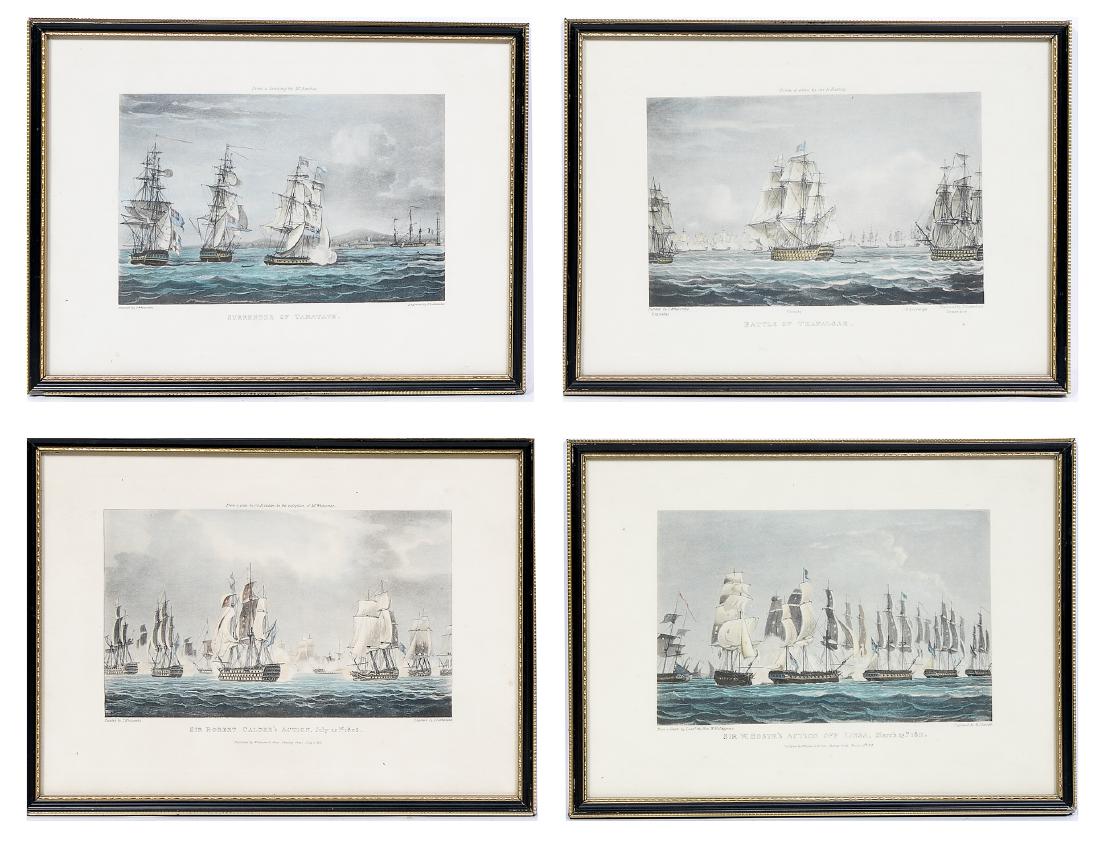4 19th C. Naval Battle Engravings, T. Sutherland: Thomas Sutherland (British, 1785-1820) after Thomas Whitcombe (British, 1760-1824) - published first quarter 19th century. Series of four hand colored naval engravings comprising "Surrender of Tamatav