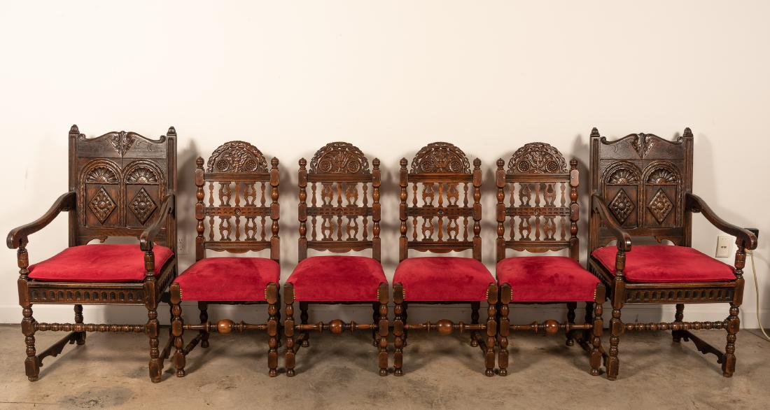 Set, Six Carved Oak Jacobean Dining Chairs (1 of 9)
