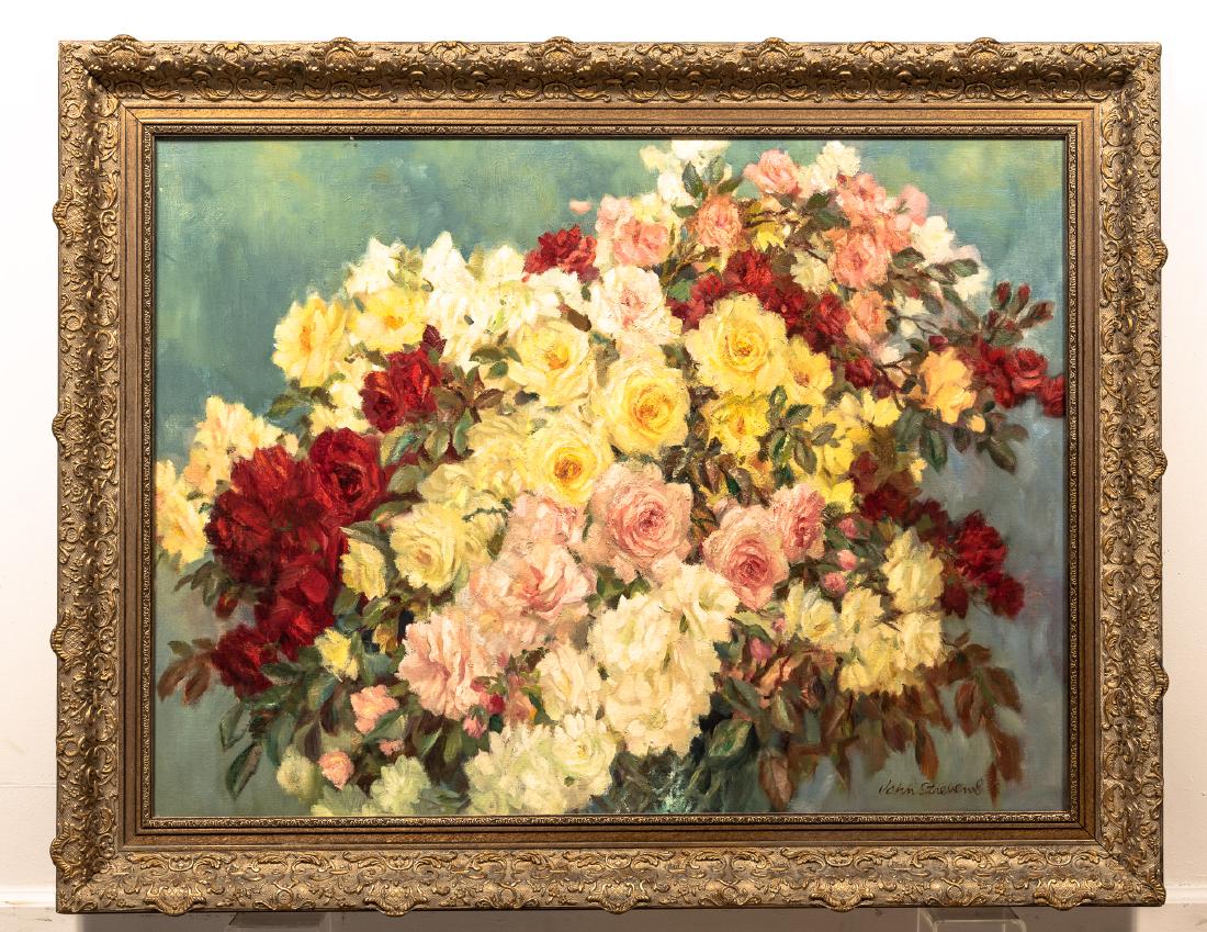 John Strevens "Les Roses" O/C, Signed: John Frederick Lloyd Strevens (English, 1902-1990), 20th century. "Les Roses" floral still life, oil on canvas. Signed to lower right, verso with signature, title, and "Les Roses Waltz", a song by ill