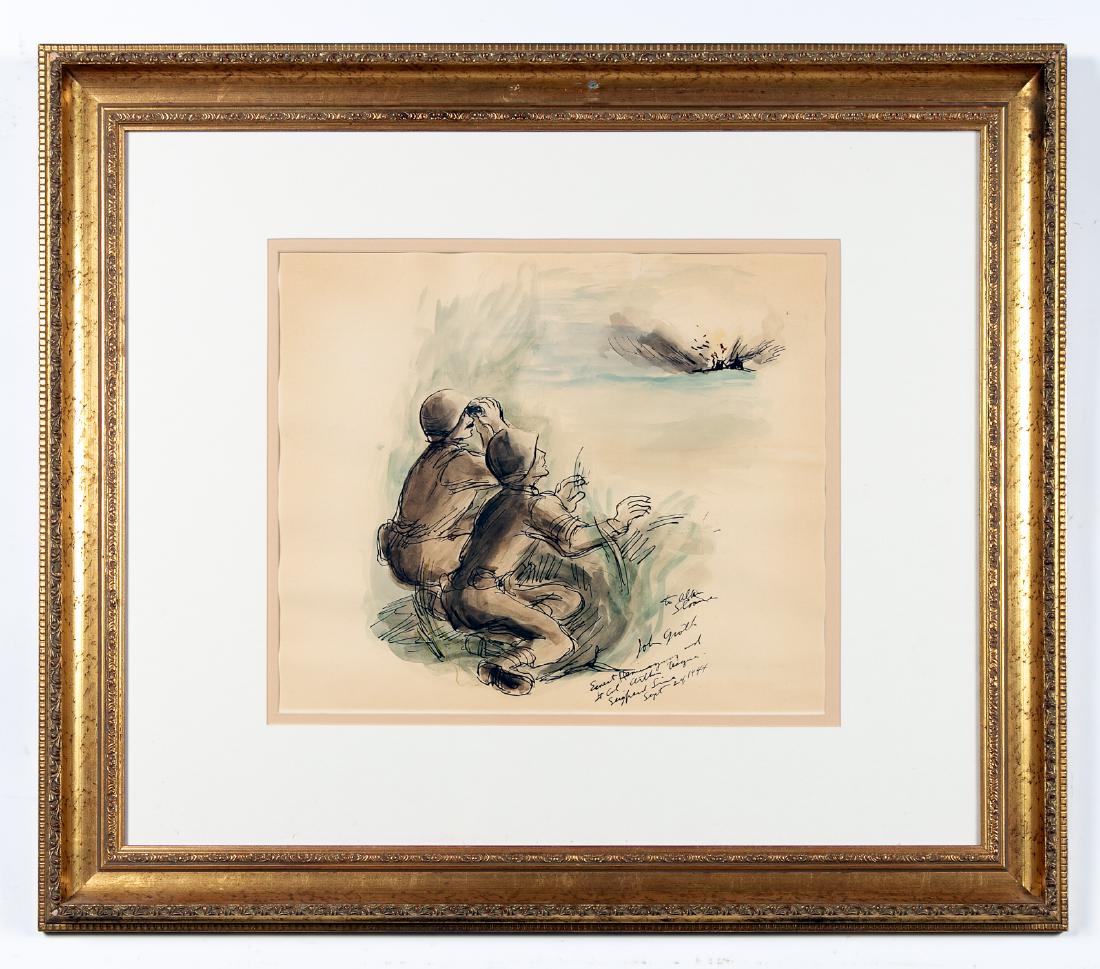 John Groth Signed Watercolor, Combat Illustration: Watercolor and black ink, signed John Groth (American, Illustrator, 1908-1988). Inscribed "To Alan Sloane - Ernest Hemingway and Lt. Col. Arthur Teague, Seigfried Line, Septermber 28, 1944" Depicting