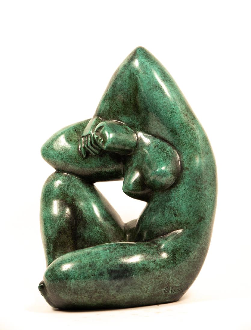 Catherine Lorain Seated Figural Bronze Sculpture: Catherine Lorain (French, b. 1941- ). Untitled. A modern abstracted seated female figural nude. Green patinated bronze. Signed and numbered on lower left, C.Lorain 1/8. Approx. h. 21", w. 14.5", d. 11