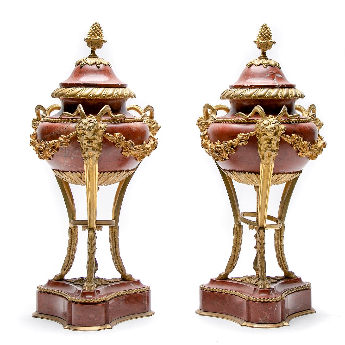 Pair, Dore Mounted Rouge Marble Lidded Coupes (1 of 5)