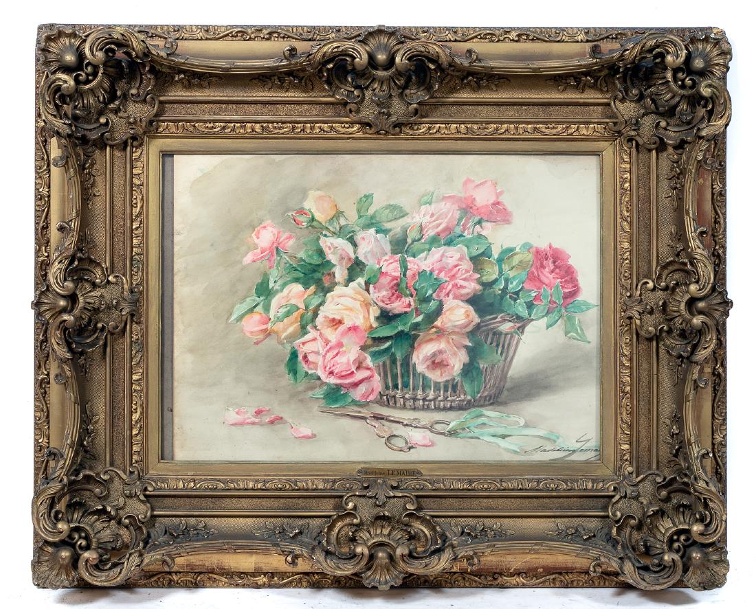 Madeleine Lemaire Watercolor Still Life, Signed: Madeleine Lemaire (French, 1845-1928). Basket of Roses with Scissors, watercolor on paper, signed lower left. Gallery labels to verso. Approx. 14 x 20 inches (work), 26" x 32" (frame). Provenance: Fro
