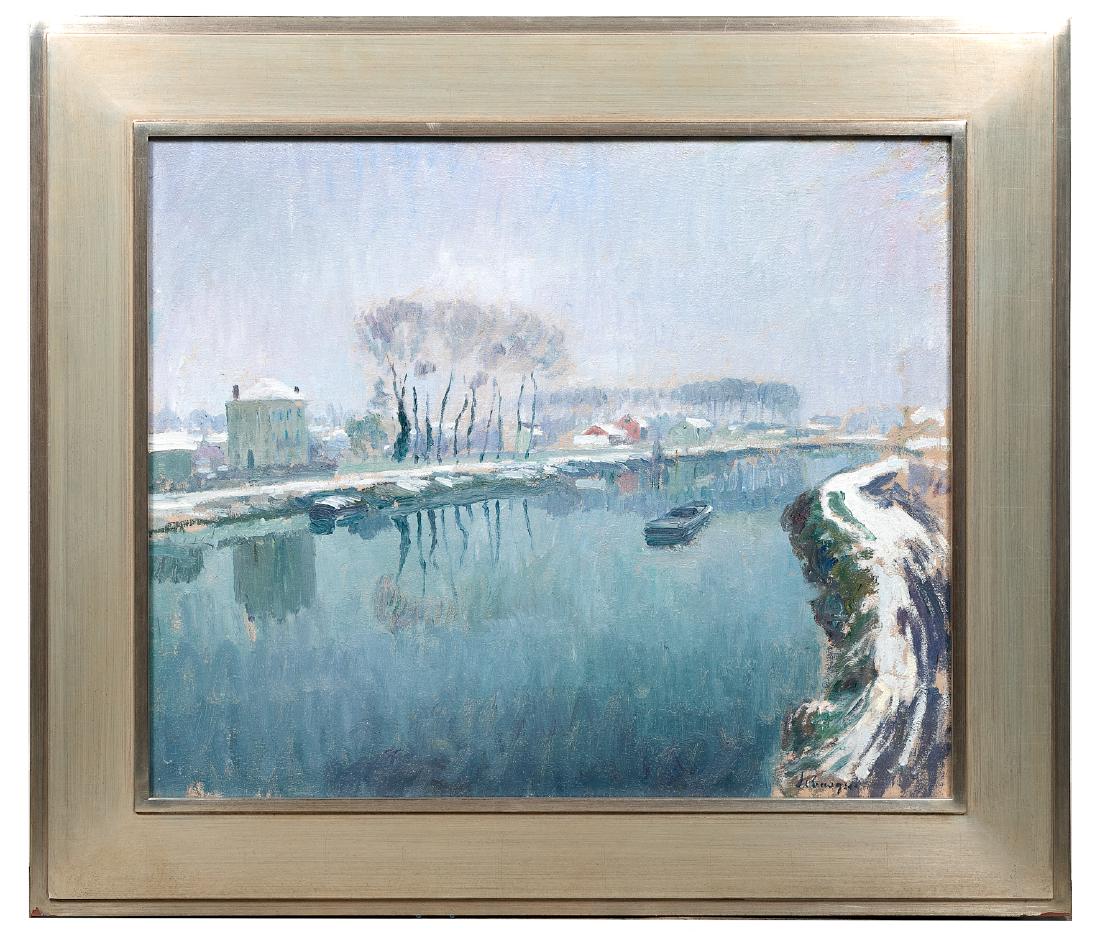 Henri Lebasque Signed Oil, L'Hiver à Pomponne: Henri Lebasque (French, 1865-1937). "L'Hiver à Pomponne" - 1906, oil on canvas, signed lower right. Impressionistic landscape painting depicting a view on a river in winter. Approx. 23.75" x 28.75" (
