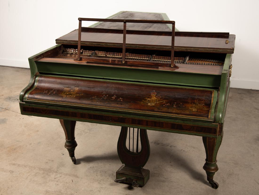 Steinweg Green Chinoiserie Decorated Piano: Grotrain-Steinweg, (German (Branschweig), 1835), late 19th century. A Chinoiserie motif lacquered piano. Marked on front cover. Approx. h. 35.325", w. 46", d. 72".