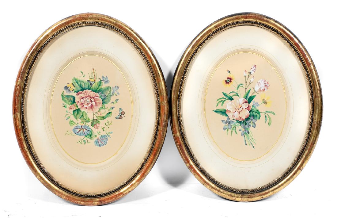 Pair, Signed Oval Framed Floral Watercolors (1 of 4)