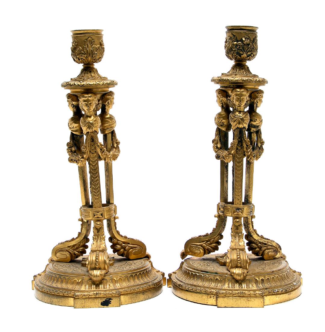 Pair, French Gilt Bronze Candlesticks w/ Busts (1 of 4)