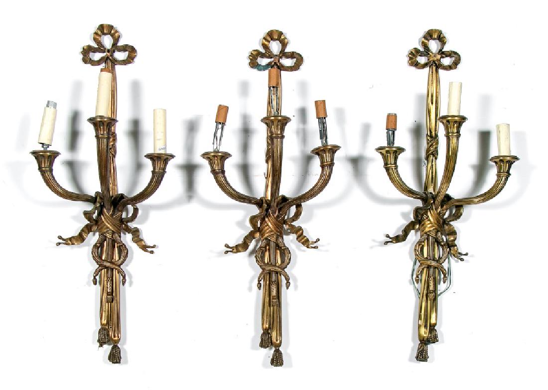 Set, 3 Large French Gilt Bronze 3-Light Sconces (1 of 2)