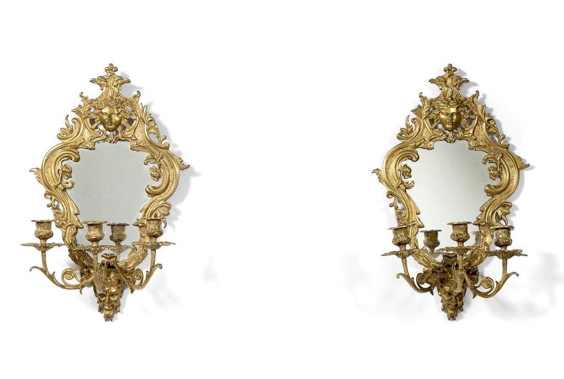 Pair, Gilt Bronze Mirrored 3-Light Wall Sconces (1 of 3)