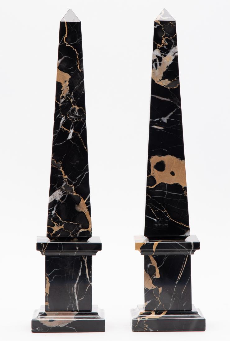 Pair, Italian Black Nero Portoro Obelisks: Likely Italian, 20th century. A pair of black nero portoro obelisks. Apparently unmarked. Approx. height 6.5", base 3.625" square